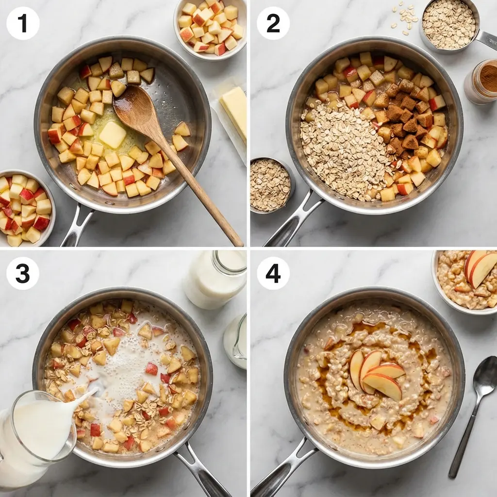 A four-panel image showing the steps to make apple cinnamon oatmeal.