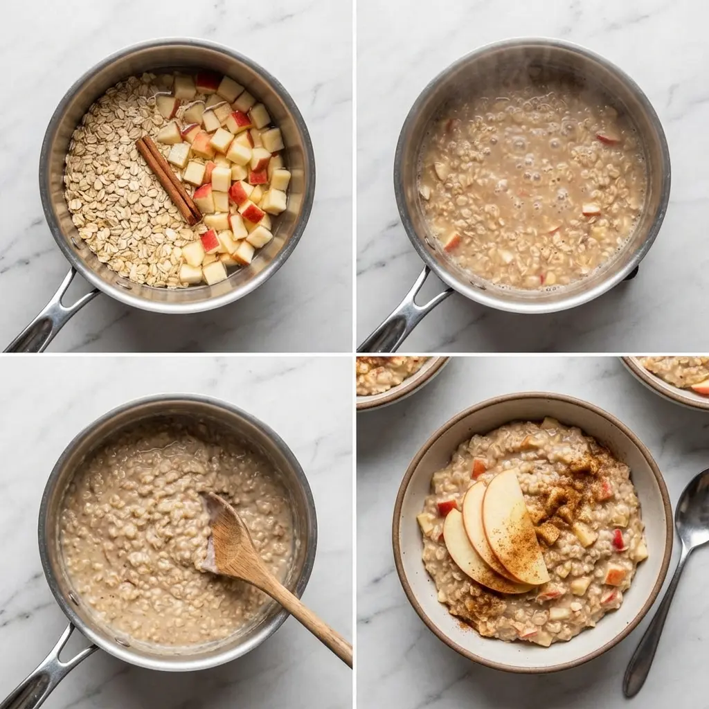 A four-panel image showing the steps to make apple cinnamon oatmeal, from raw ingredients to the final cooked dish.