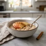 A close-up, angled shot of a white bowl filled with creamy apple cinnamon oatmeal, garnished with fresh apple slices.