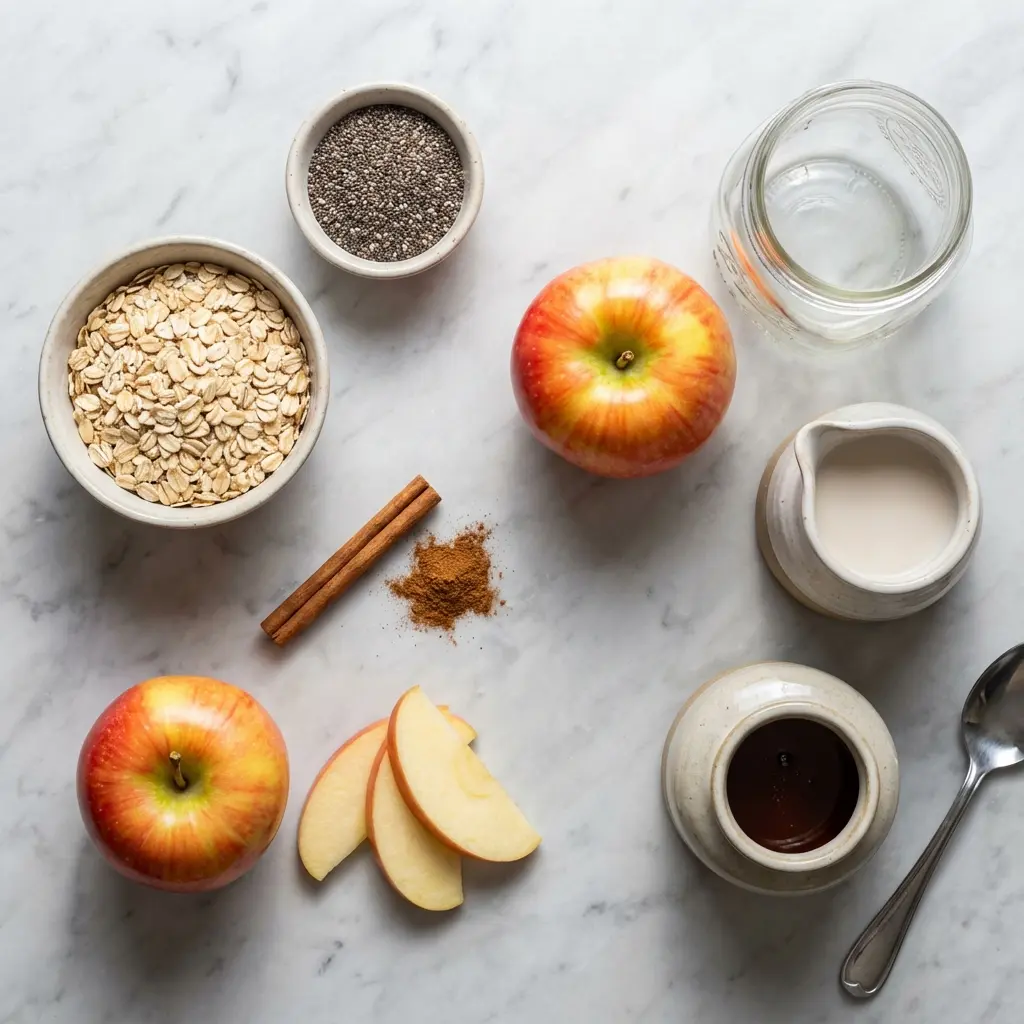 Apple Cinnamon Overnight Oats: The Perfect Healthy Breakfast 2 Overhead view of the ingredients for apple cinnamon overnight oats: rolled oats, an apple, milk, chia seeds, and cinnamon.