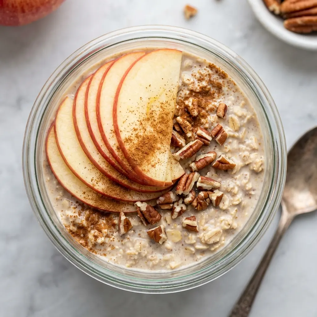 Apple Cinnamon Overnight Oats: The Perfect Healthy Breakfast 4 Overhead flat lay photo of a jar of apple cinnamon overnight oats, garnished with apple slices and pecans.