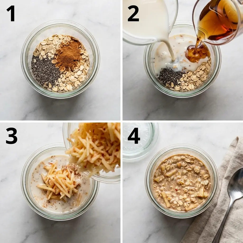 Apple Cinnamon Overnight Oats: The Perfect Healthy Breakfast 3 A 4-panel image showing the steps to make apple cinnamon overnight oats, from combining ingredients to refrigerating.