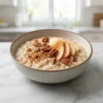 A warm bowl of creamy apple cinnamon steel cut oats, garnished with fresh apple slices and pecans.