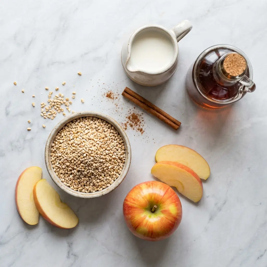 Ingredients for apple cinnamon steel cut oats laid out on a marble surface, including oats, an apple, milk, and cinnamon.