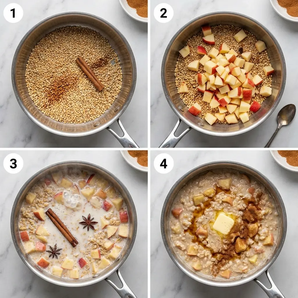 A four-panel image showing the steps to make apple cinnamon steel cut oats: toasting oats, adding apples, simmering, and the final cooked oatmeal.