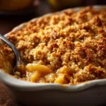 A close-up view of the golden, crunchy oat topping on a homemade apple crisp. The texture is perfectly crisp and inviting.