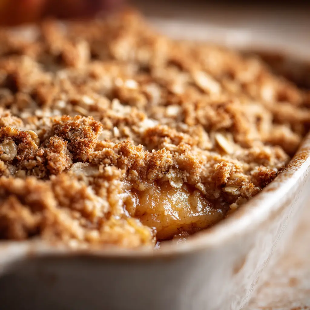 A spoonful of warm apple crisp showing the tender, spiced apple filling beneath the crunchy oat topping.