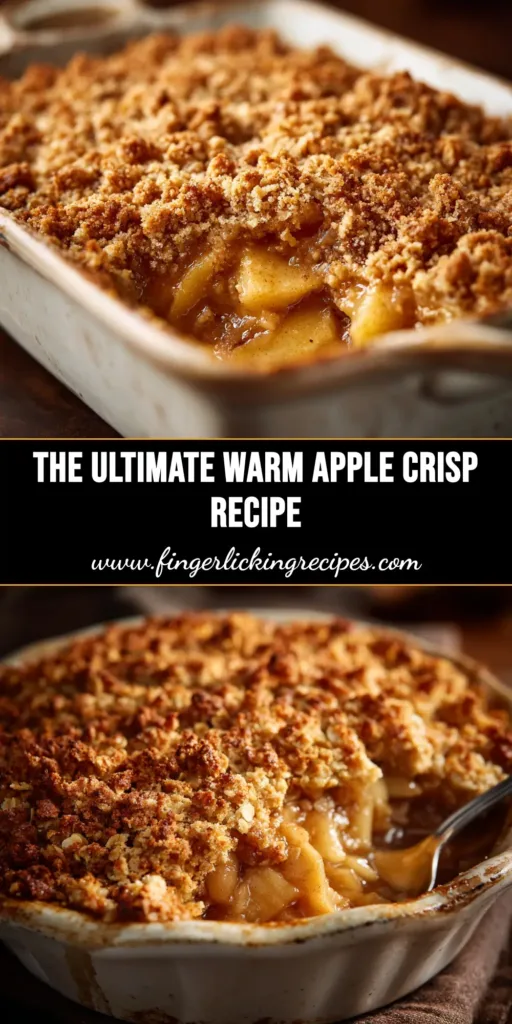 An easy apple crisp recipe with a crunchy oat topping, served in a white baking dish. A scoop of vanilla ice cream melts on top.