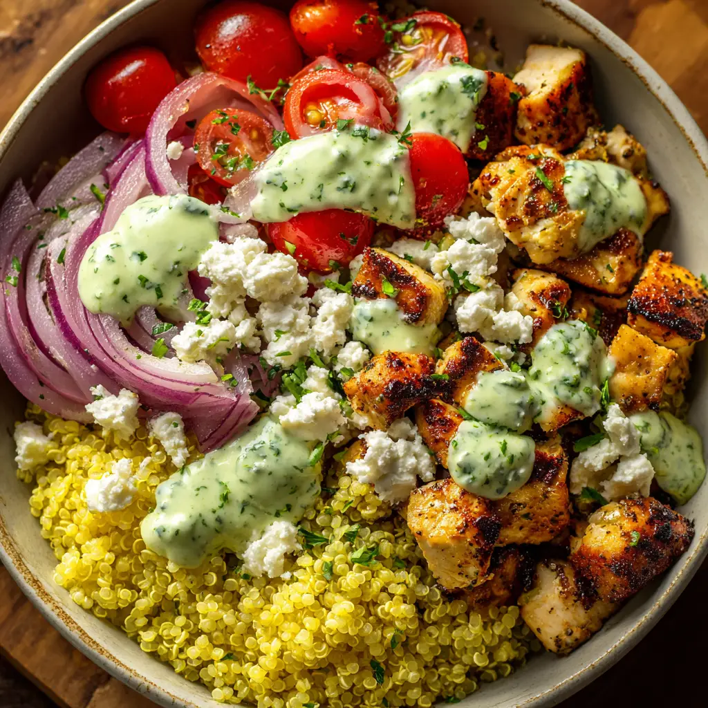 A fully assembled Mediterranean chicken quinoa bowl, drizzled with lemon vinaigrette. This image shows the final dish ready to be eaten.