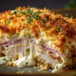 A close-up shot of the Chicken Cordon Bleu Casserole being assembled in a baking dish before going into the oven. Layers of chicken, ham, and creamy Dijon sauce are visible.