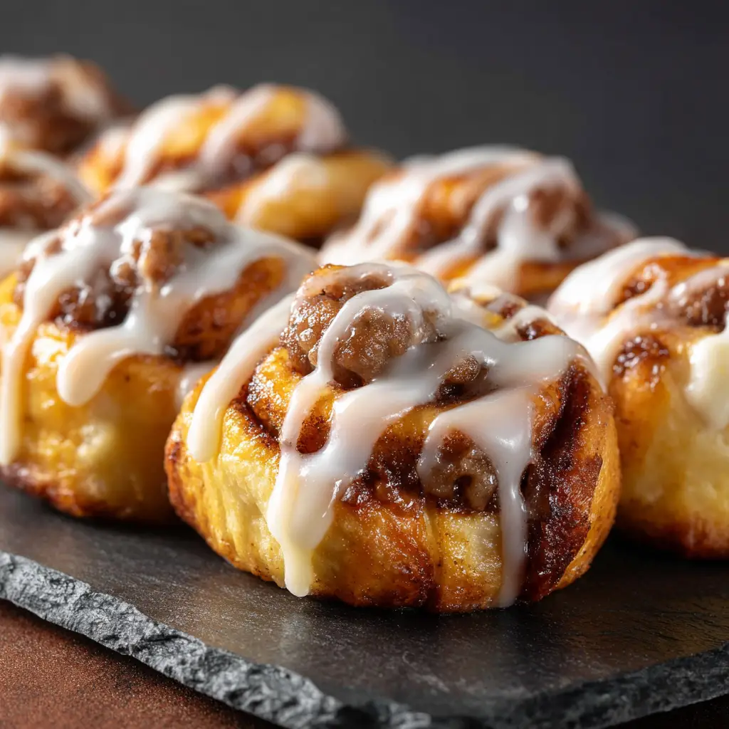 The assembly process for cinnamon roll sausage wraps, showing a strip of cinnamon roll dough being wrapped around a cooked breakfast sausage link on a wooden board.