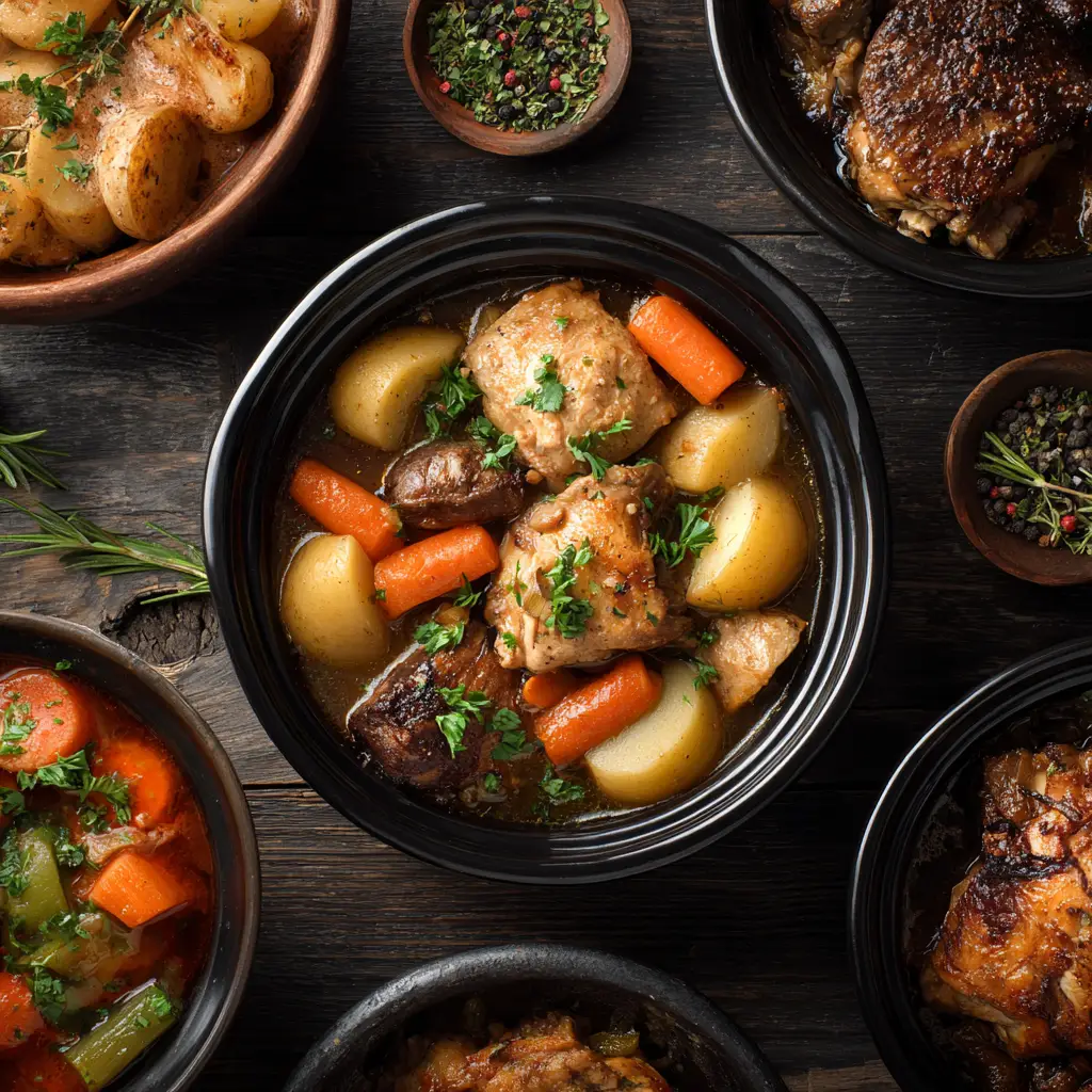 Low-Fat Slow Cooker Meals: Healthy Tuscan Chicken 2 A flat lay image showing various low-fat slow cooker meals, emphasizing the variety of healthy crockpot dinners available.