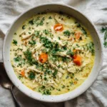 An overhead shot of authentic avgolemono soup in a rustic bowl, showing its rich texture with shredded chicken and orzo.