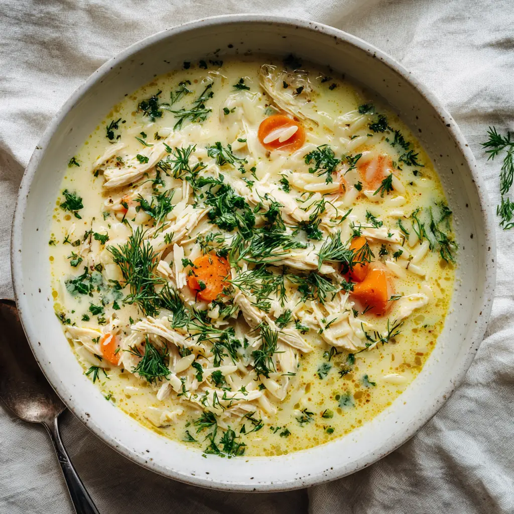 Greek Lemon Chicken Soup (Authentic Avgolemono) 3 An overhead shot of authentic avgolemono soup in a rustic bowl, showing its rich texture with shredded chicken and orzo.
