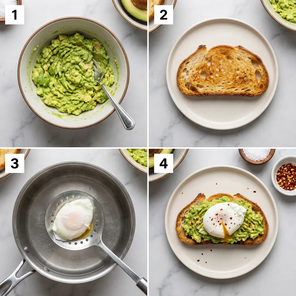 A four-panel image showing the steps to make avocado toast with a poached egg.