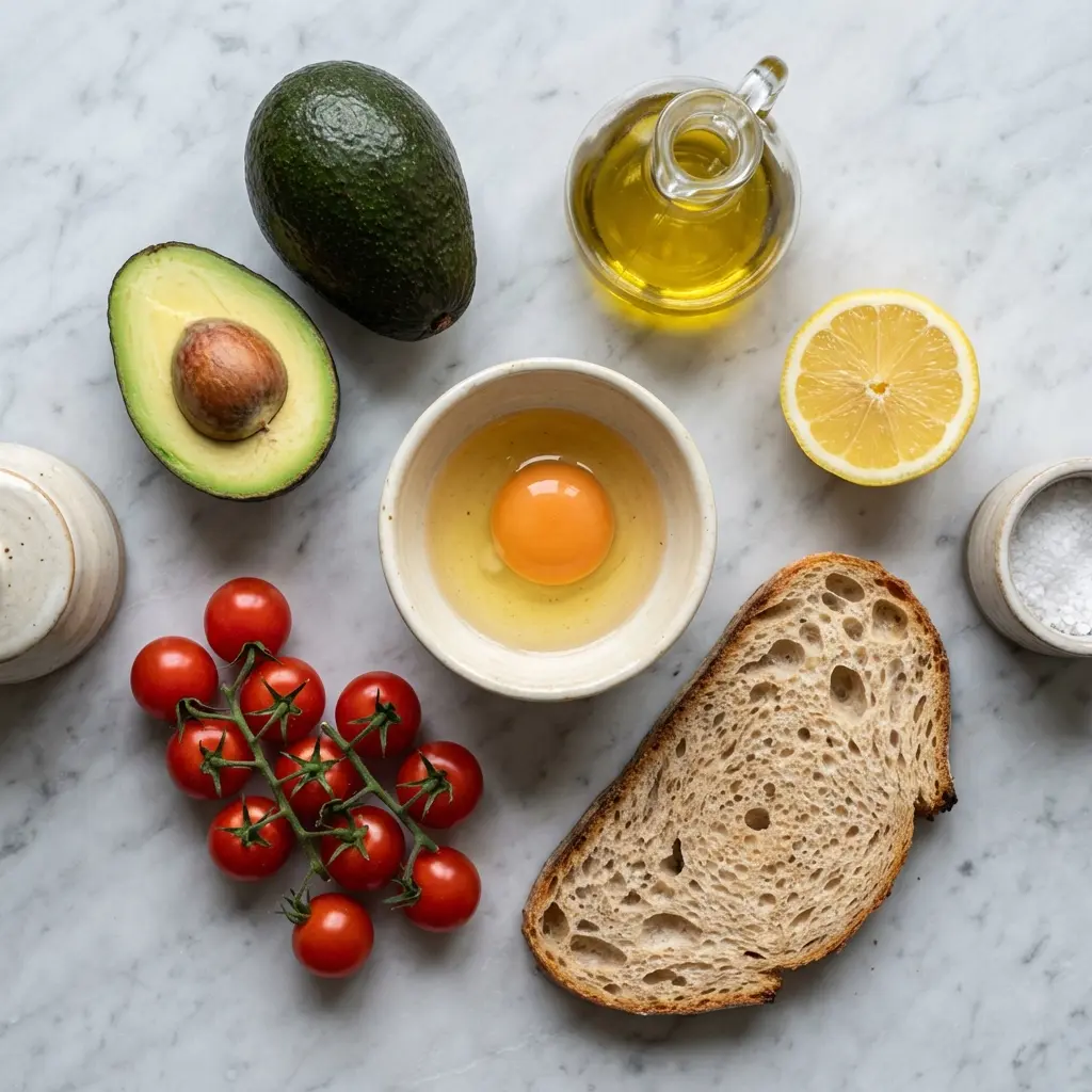 An overhead flat lay of the fresh ingredients for avocado toast: avocado, egg, sourdough bread, cherry tomatoes, olive oil, and lemon.