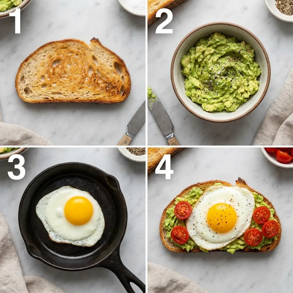 A four-panel image showing the steps to make avocado toast: toasting bread, mashing avocado, frying an egg, and assembling the final dish.