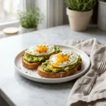 A close-up of avocado toast with a perfectly fried egg on top, garnished with chives and red pepper flakes.