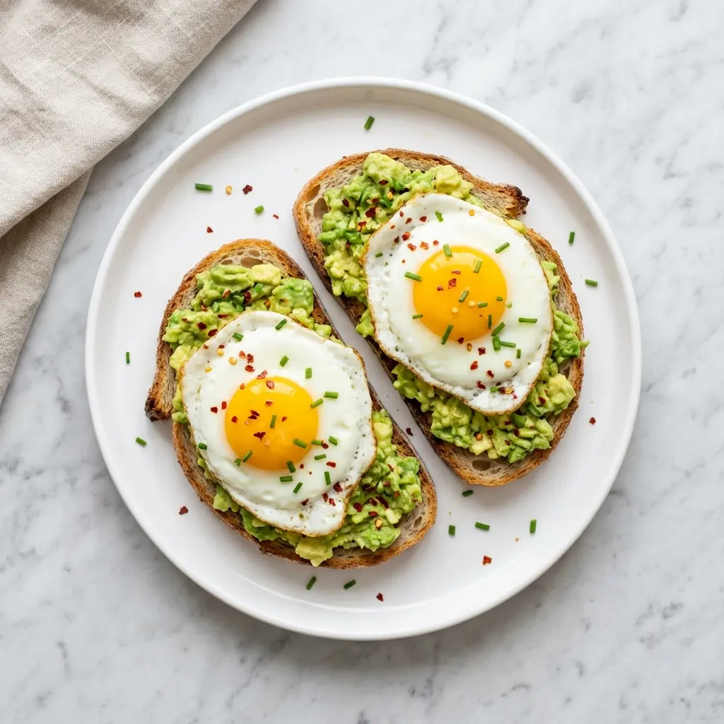 An overhead view of two slices of avocado toast with fried eggs.