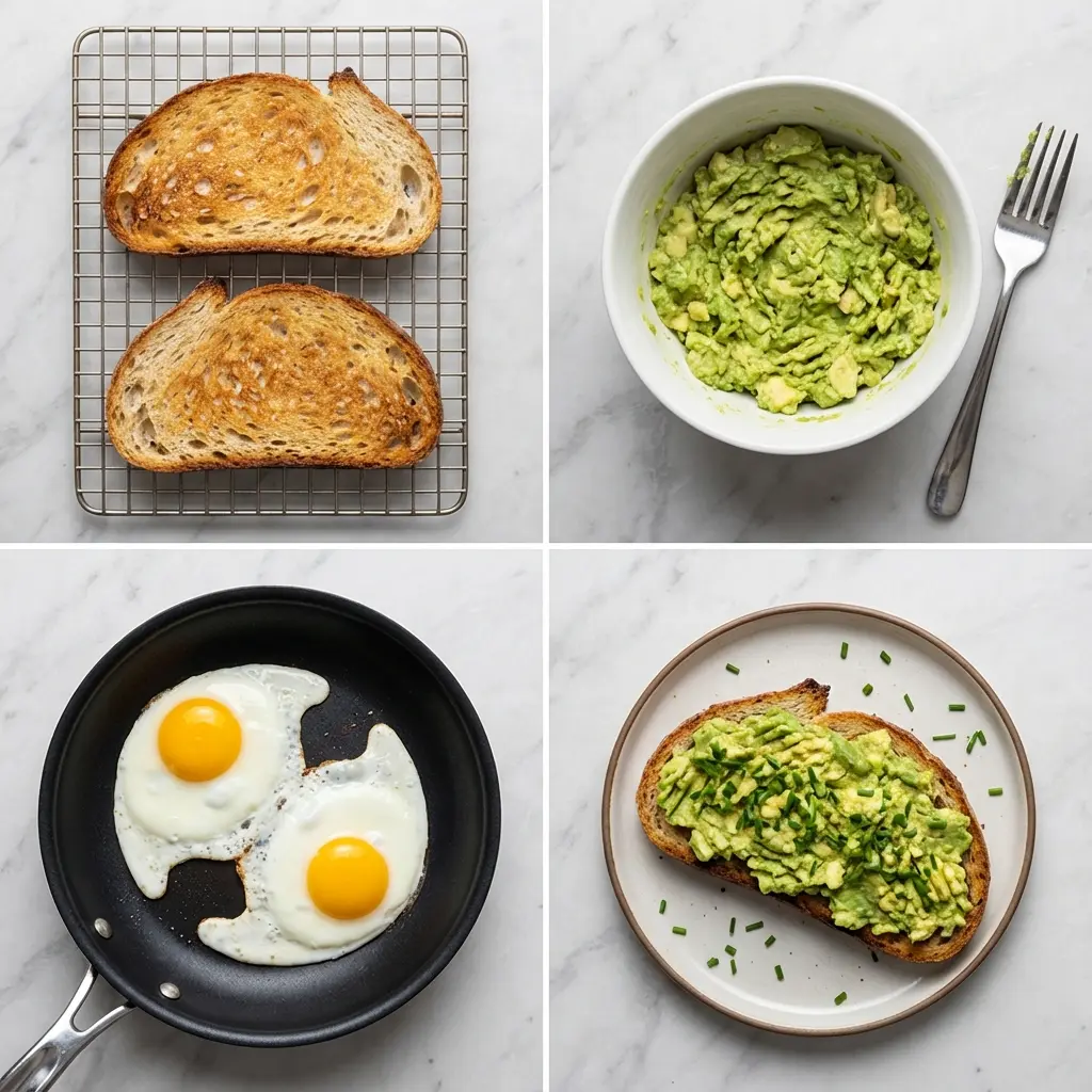 A four-panel image showing the steps to make avocado toast with egg: toasting bread, mashing avocado, frying an egg, and the final assembled toast.