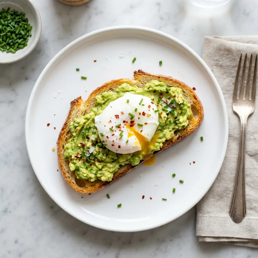 An overhead view of a finished plate of avocado toast with a poached egg.