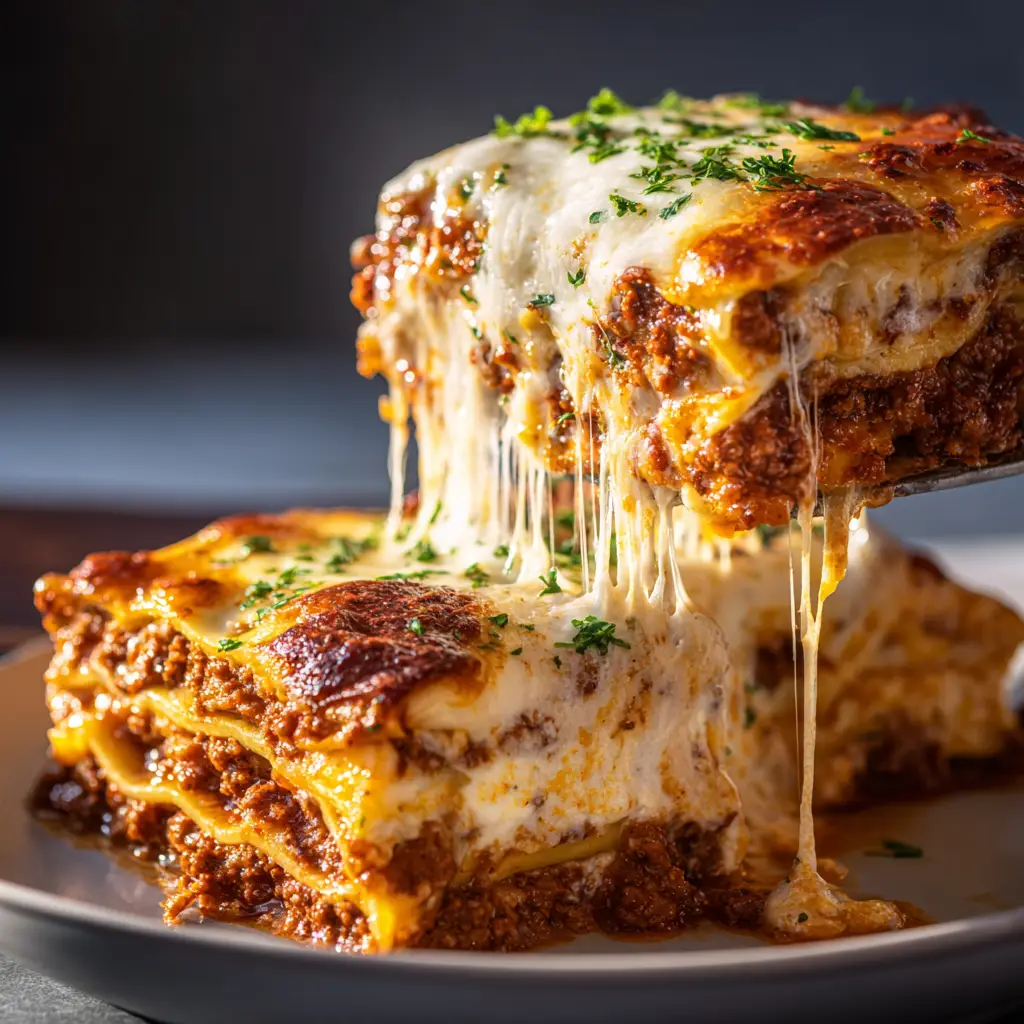 A beautifully browned and bubbly slice of the best cheese lasagna, fresh from the oven. The mozzarella topping is perfectly golden.