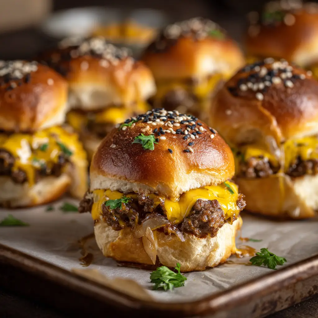 Hawaiian Roll Cheeseburger Sliders (The Ultimate Party Food) 3 A close-up of baked cheeseburger sliders on sweet Hawaiian rolls, showing the melted cheddar cheese and seasoned ground beef filling.
