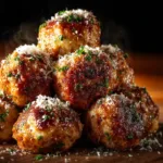 A close-up shot of perfectly baked chicken meatballs, showcasing their juicy texture and golden-brown exterior, sprinkled with fresh parsley.