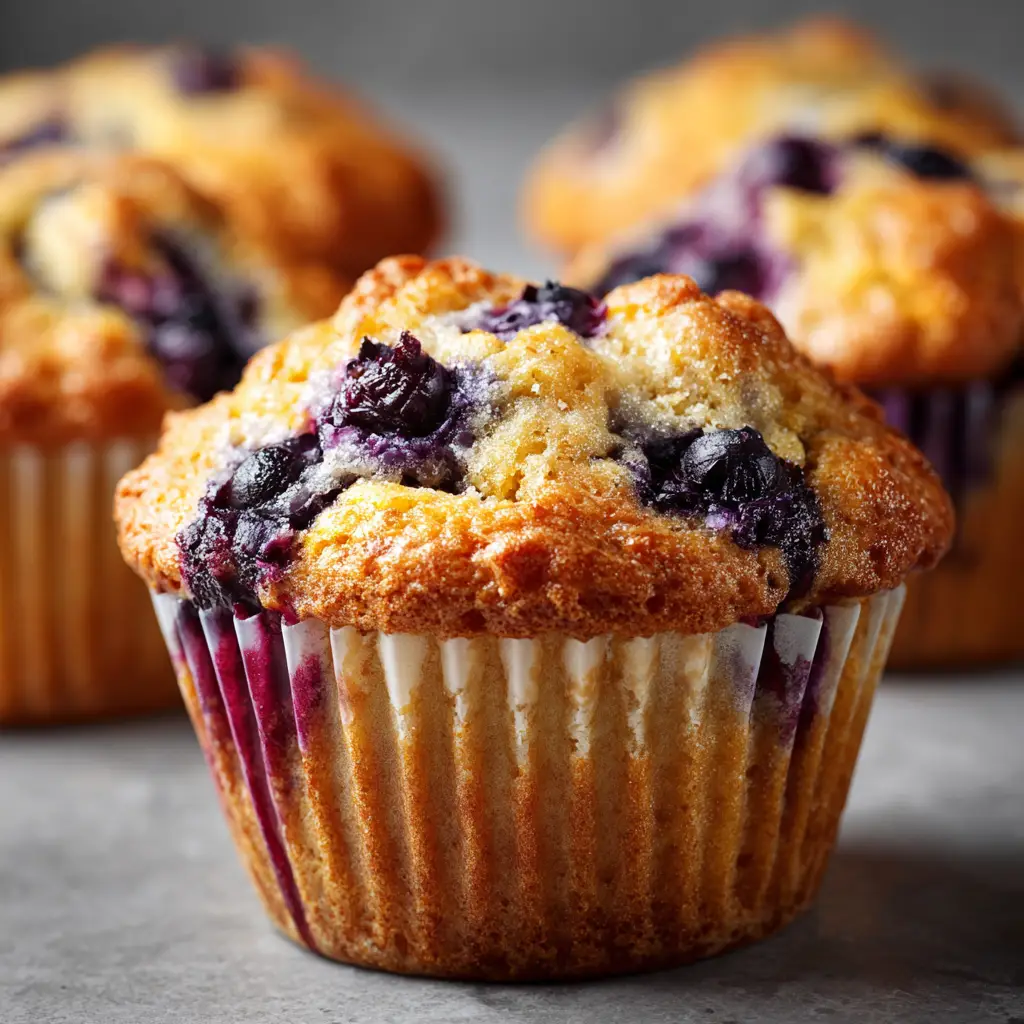 A batch of freshly baked fluffy blueberry muffins in a muffin tin, showcasing their tall, golden-brown bakery-style tops.