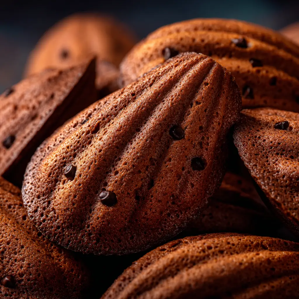 A batch of chocolate madeleines cooling on a wire rack right after baking, with their famous humps clearly visible.