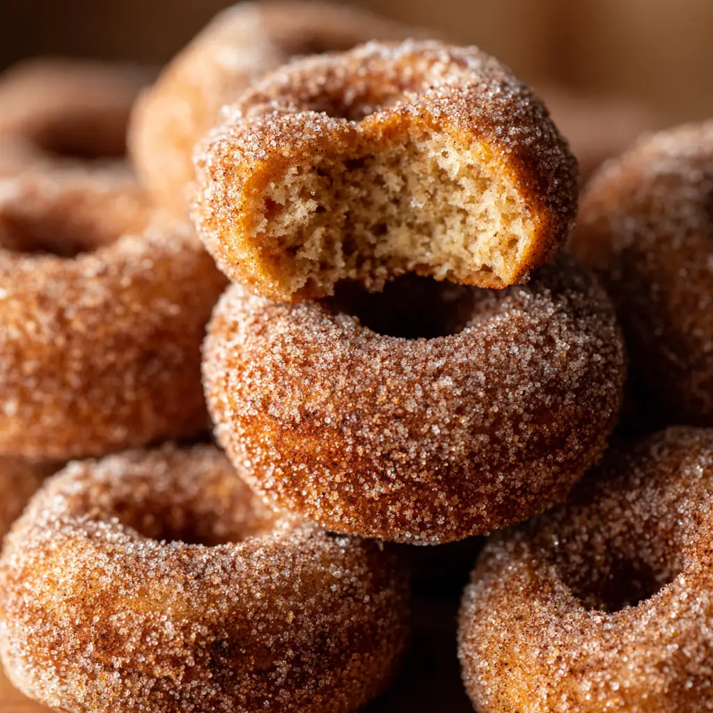 A collection of baked apple cider donuts arranged on a wire cooling rack, highlighting their uniform shape and golden-brown color.