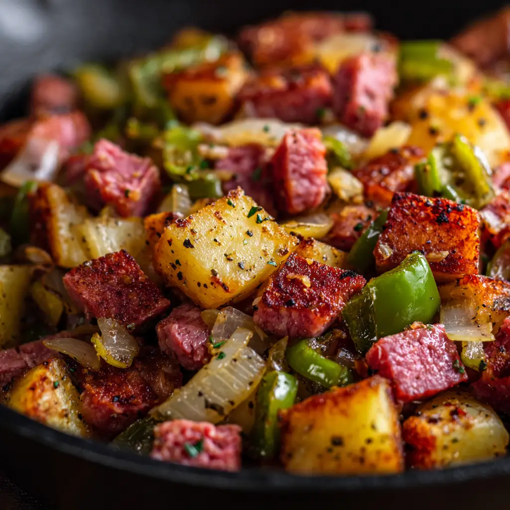 Corned Beef Hash: The Ultimate Recipe for a Crispy, Flavorful Breakfast 2 A fork breaking into a serving of crispy corned beef hash, showing the tender interior and crispy exterior.