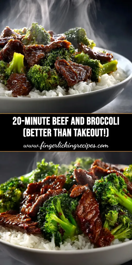 A close-up shot of the finished beef and broccoli recipe in a white bowl, served over rice. The beef is tender and the broccoli is bright green, all coated in a glossy, savory sauce and garnished with sesame seeds.