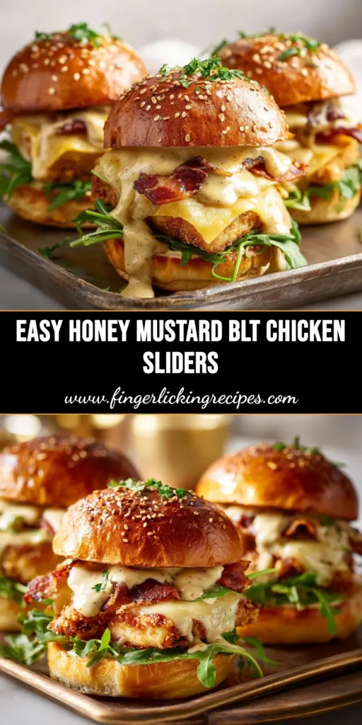 BLT Chicken Sliders with Honey-Mustard Aioli 5 A close-up shot of three delicious BLT chicken sliders on a wooden board, showcasing the crispy bacon, juicy chicken, and fresh lettuce, with a side of honey-mustard aioli.