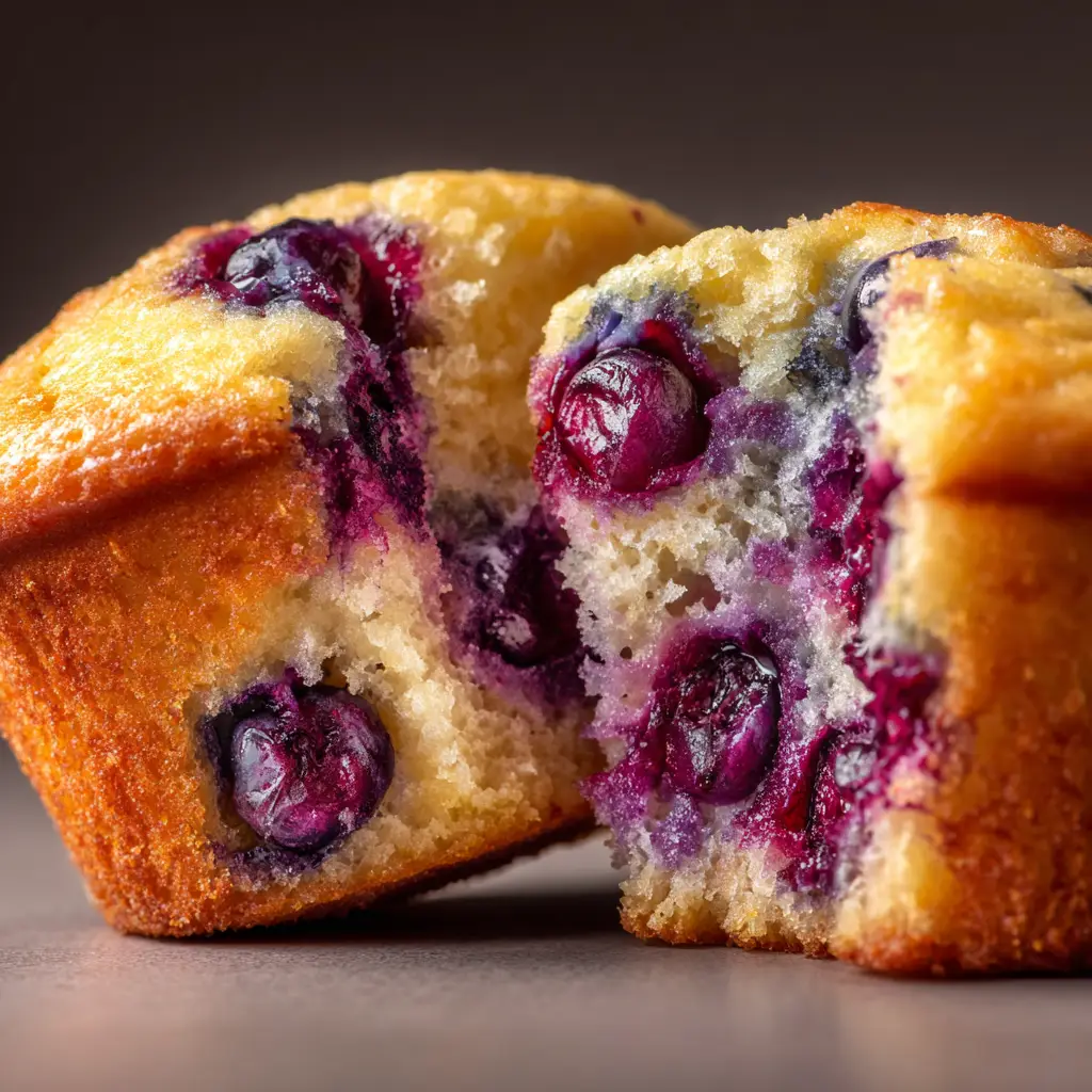 A close-up of a golden-brown muffin top, sprinkled with sugar, showcasing the perfect dome achieved with this Greek yogurt blueberry muffin recipe.
