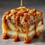 A close-up shot of a single salted caramel apple crumble bar, showing the distinct layers of shortbread crust, apple filling, and oat crumble.