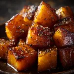 An extreme close-up shot showing the caramelized texture of oven-roasted butternut squash cubes with brown sugar and cinnamon.