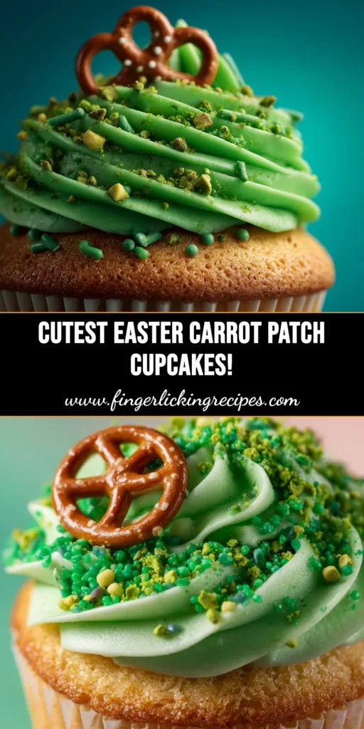 A close-up overhead shot of several carrot patch cupcakes arranged on a wooden board. The cupcakes have chocolate 'dirt' frosting and orange candy carrots sticking out.