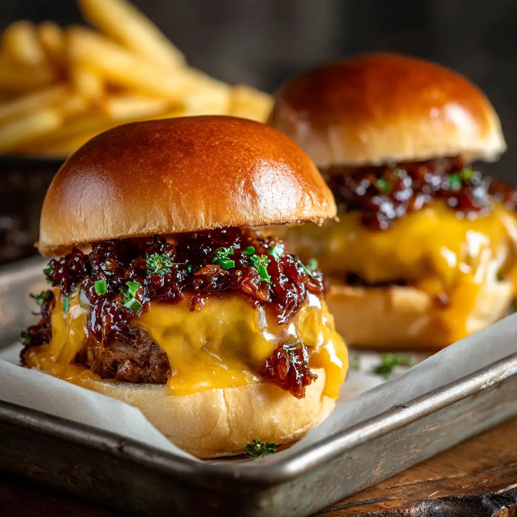 One single bacon jam cheeseburger slider pulled from the batch, showcasing the juicy beef, melted cheese, and sweet bacon jam.