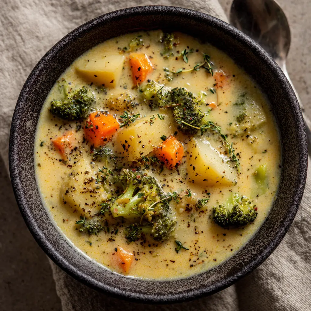 A spoonful of cheesy broccoli potato soup being lifted from a bowl, garnished with shredded cheddar.