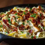 A close-up shot of cheesy chicken bacon ranch pasta being twirled on a fork, showing off the rich and creamy sauce.