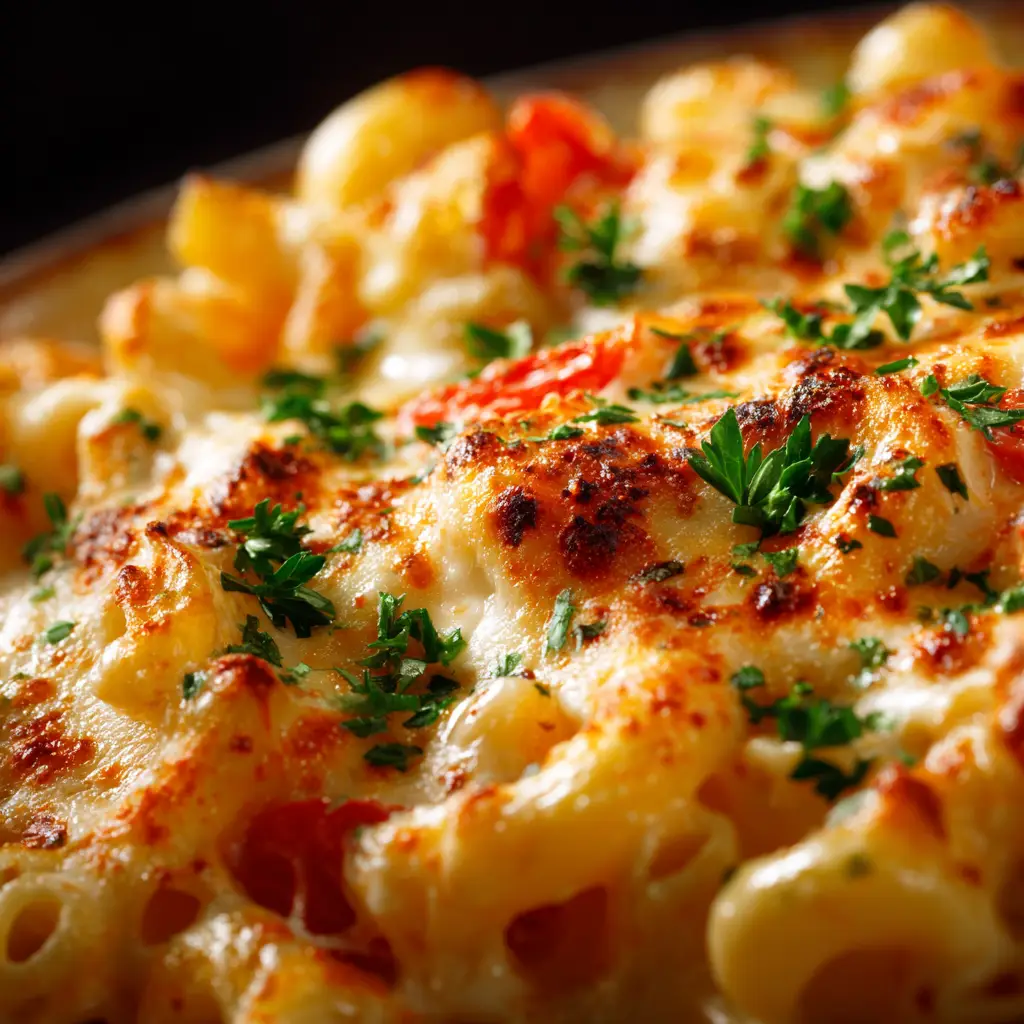 A serving of the cheesy pasta casserole on a plate, garnished with fresh basil.
