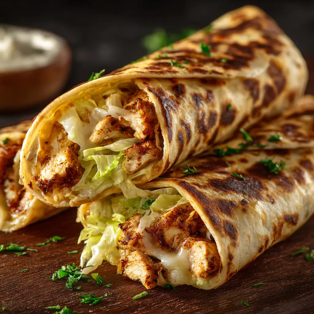A cheesy garlic chicken wrap cut in half, revealing the gooey, melted mozzarella and cheddar cheese and shredded chicken filling.