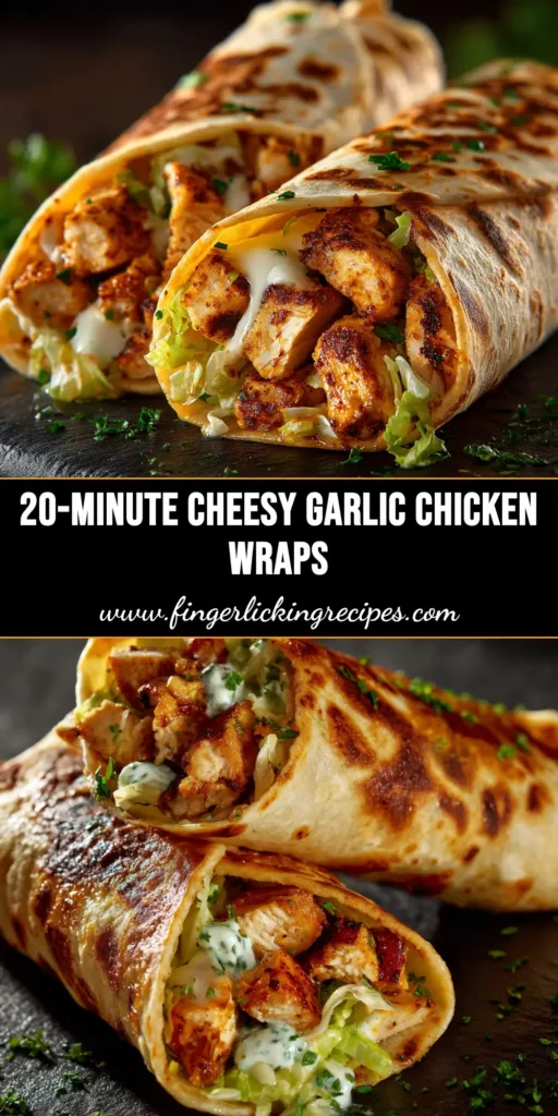 An overhead shot of cheesy garlic chicken wraps cut in half to show the gooey, melted cheese and chicken filling, with a text overlay for Pinterest.