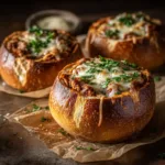 A close-up of three spaghetti garlic bread bowls filled with meat sauce and topped with melted mozzarella cheese.