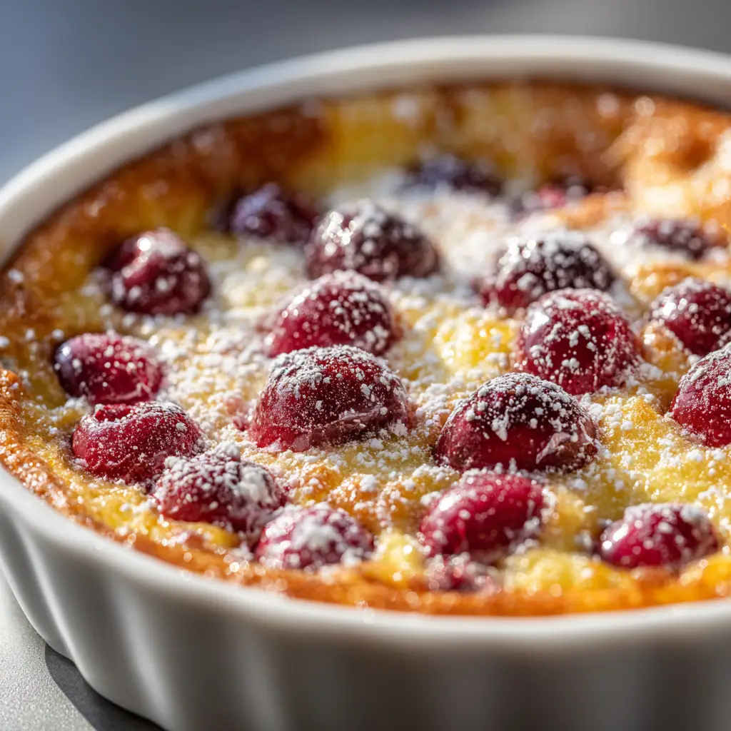 Cherry Clafoutis Recipe (Classic French Dessert) 3 A close-up of a slice of cherry clafoutis showing the rich, custardy texture and baked cherries.