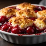 An extreme close-up of the bubbly, jammy filling of a fresh cherry cobbler, highlighting the vibrant red cherries.
