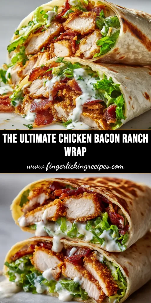 An delicious Chicken Bacon Ranch Wrap sliced in half to show the filling of chicken, bacon, lettuce, and cheese, with a side of ranch dressing.