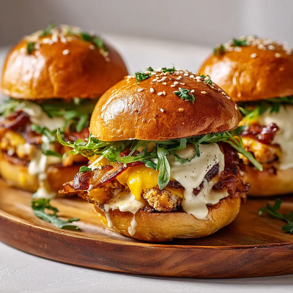 BLT Chicken Sliders with Honey-Mustard Aioli 2 An overhead view of three chicken and bacon sliders on brioche buns, highlighting the fresh ingredients inside.