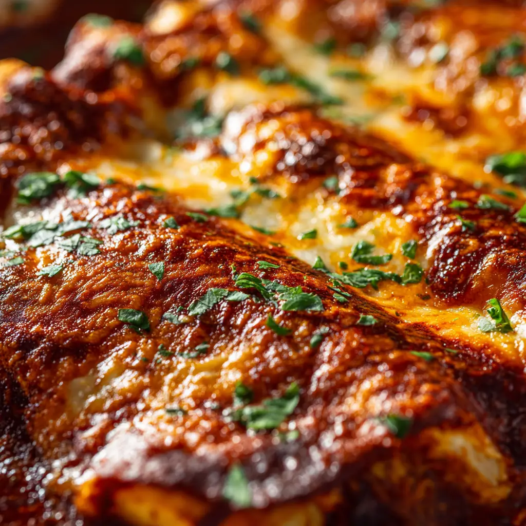 An overhead view of the assembled chicken enchiladas in a baking dish before going into the oven, covered in red sauce and shredded cheese. Part of the weeknight chicken enchilada recipe process.